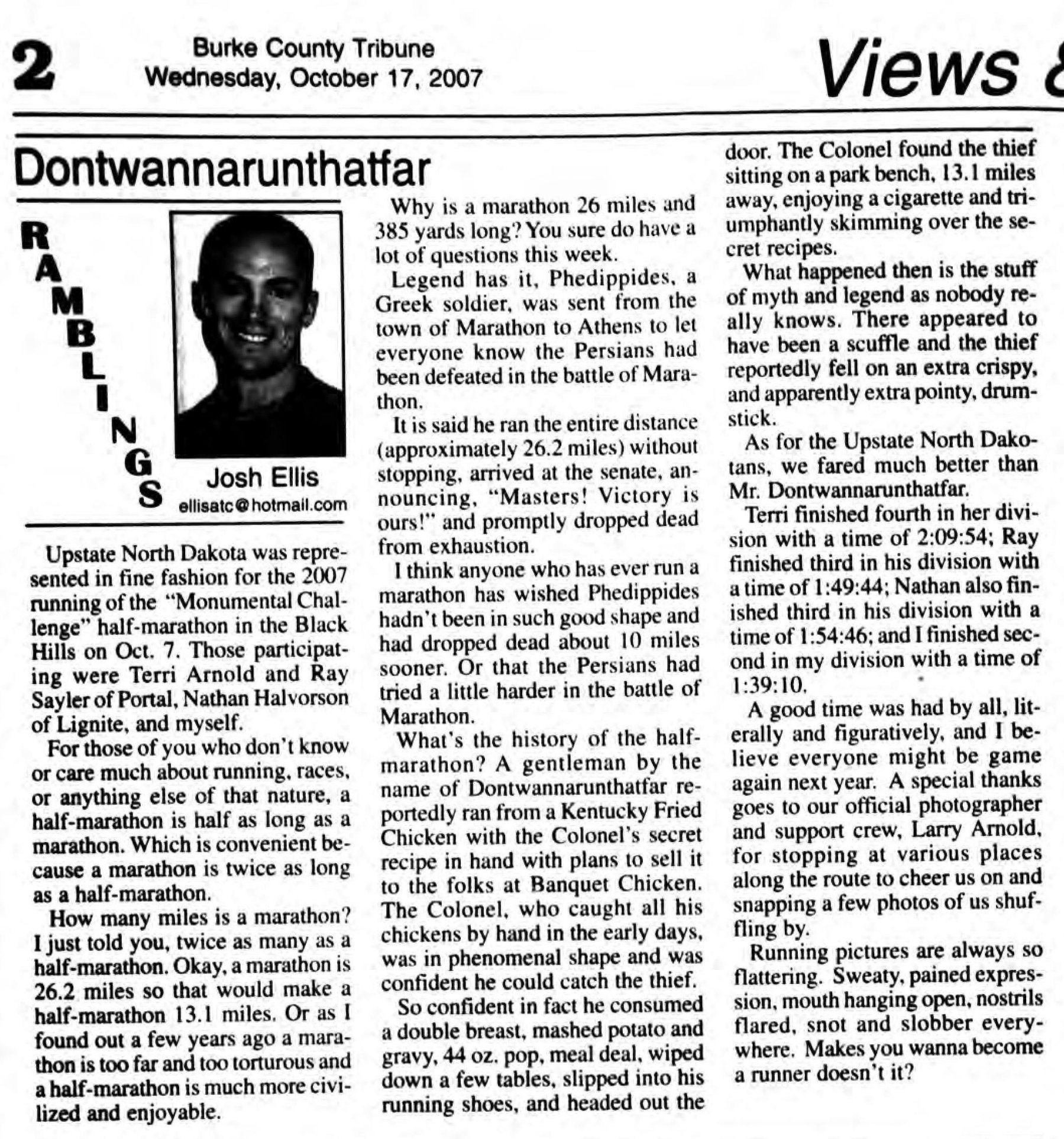 A newspaper column discusses the history and experience of running a marathon, mentioning the Monumental Challenge marathon in North Dakota and notable participants.